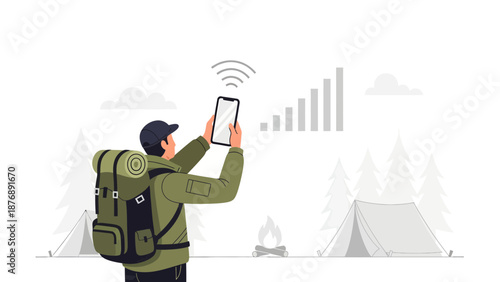 Hiker Seeking Signal Strength On Mobile Phone During Adventure In Natural Landscape