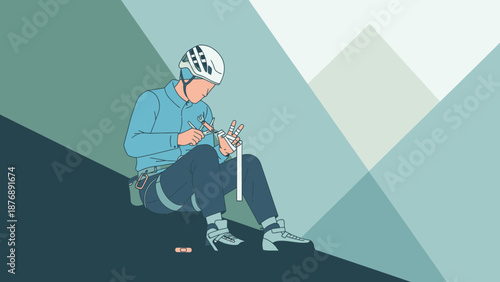 Injured Climber Applies First Aid Bandage On Mountainous Illustration