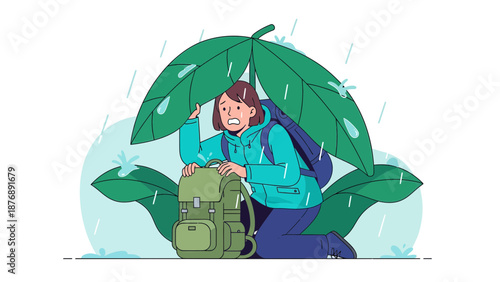 Hiker Seeks Shelter Under A Large Leaf During Unexpected Downpour In Nature