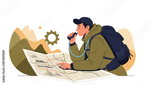 Hiker Taking A Break Exploring Topographic Map With Hydration Pack On Adventure Trip