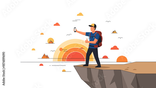Hiker Taking A Selfie At Sunrise On Top Of A Cliff While Traveling