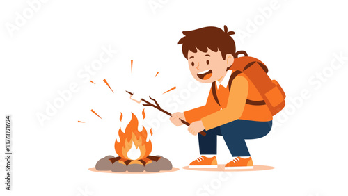 Joyful Camping Adventure Boy Roasting Marshmallow Over Open Fire Illustration