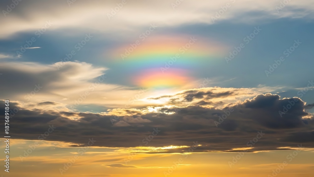 Fototapeta premium Rare iridescent rainbow cloud phenomenon during sunset with colorful light diffraction in the sky