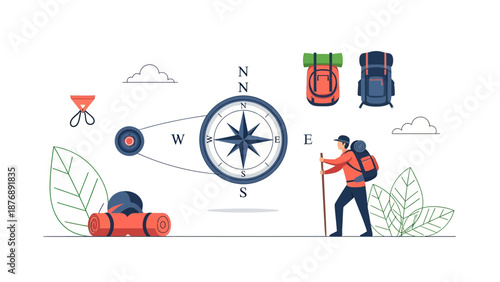 Hiking Adventure Awaits Planning and Exploration with Compass Navigation Gear Ready