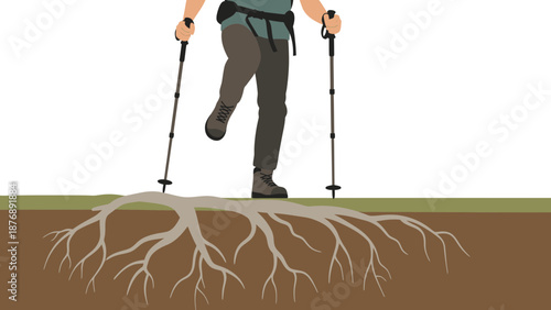 Hiking Adventure Through Rooted Terrain Exploring Nature With Trekking Poles