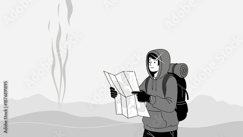 Lost Explorer Searching Way on Map Adventure in Remote Wilderness