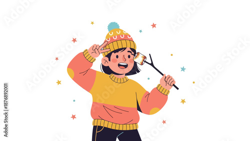 Joyful Girl Toasting Marshmallow At Winter Camp Cartoon Character Illustration