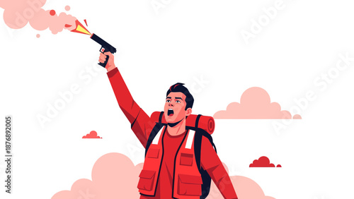 Lost Hiker Desperately Signaling For Rescue With Flare Gun In Cloudy Landscape