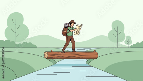 Lost Hiker Crosses River On Log, Exploring Forest Landscape With Topographic Map