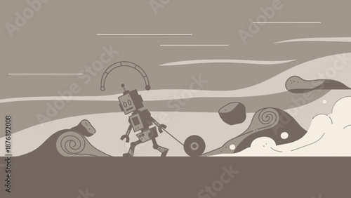 Journey Of The Endearing Robot Under The Wavy Sky On A Monochrome Environment