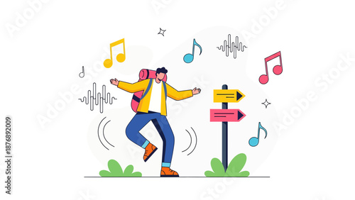 Joyful Hiker Dancing To Music At Crossroad Signpost Choosing Adventure Destination