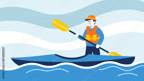 Joyful Kayaker Paddling Across Wavy Waters On A Bright Day Illustration