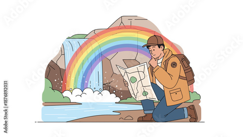 Lost Hiker Examining a Hiking Map in Front of a Waterfall Landscape