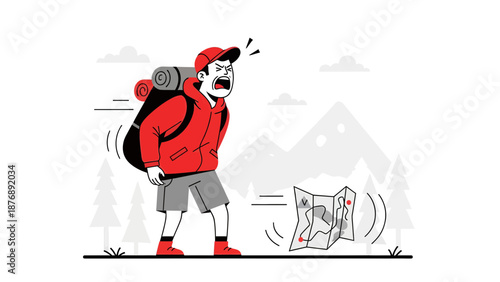 Lost Hiker Frustrated With Orienteering Failure During Outdoor Adventure Travel
