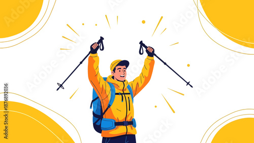 Joyful Hiker Reaching The Summit With Trekking Poles And Backpack