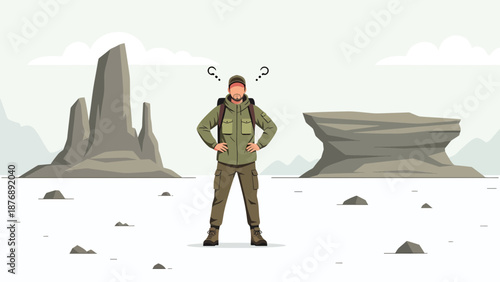 Lost Hiker In Mountain Terrain With Confused Expression On Adventure Trip