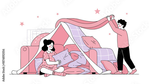 Joyful Kids Creating a Playful Fort with Pillows and Blankets Indoors Together
