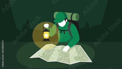 Lost Hiker Navigating Wilderness Using Map and Lantern at Night in Forest