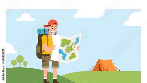 Lost Hiker Looks Confused While Reading A Map In Nature Illustration