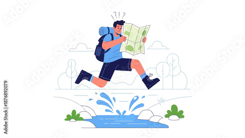 Lost Hiker Jumps Over Stream While Reading Map In Confused State