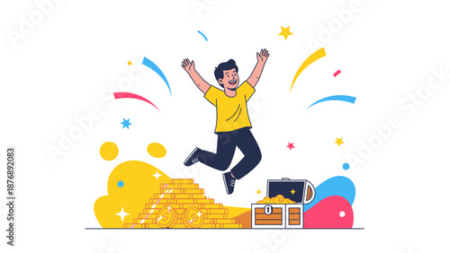 Joyful Man Jumping Near Gold Coins And Treasure, Financial Success Concept