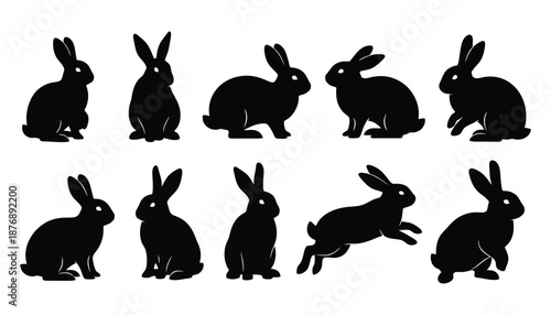 Collection of nine black rabbit silhouettes in various poses