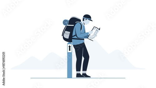 Lost In The Journey Man With Backpack Reading Map Minimalist Illustration