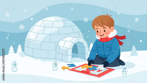 Joyful Winter Scene Boy Solving Puzzle Igloo Snowflakes Holiday Celebration