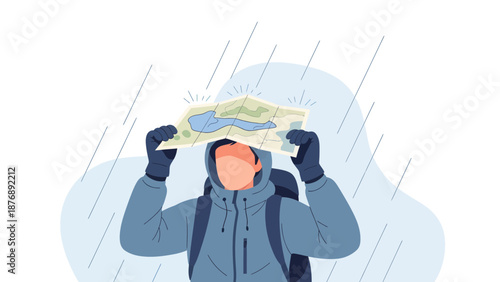 Lost In The Downpour Hiker Sheltering Under Map During Heavy Rain