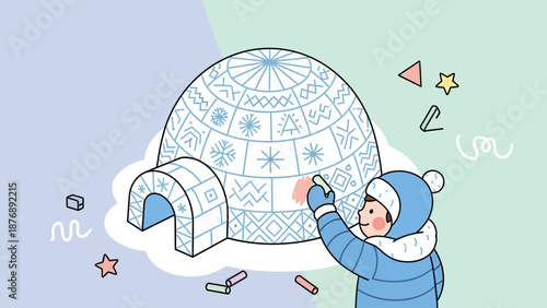 Joyful Winter Scene Child Drawing on Igloo Fun Cold Season Activity
