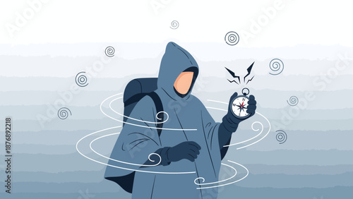 Lost In The Stormy Weather Traveler with Compass Seeks New Directions