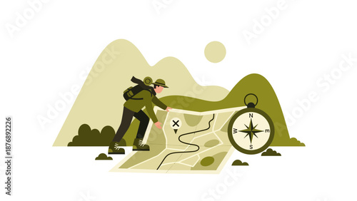 Lost In The Wilderness Seeking Direction With Backpack Map And Compass