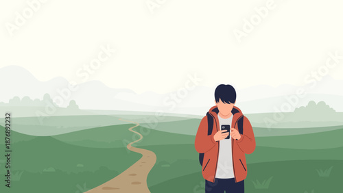 Lost In Thoughts Young Man With Mobile Phone In Nature Outdoor Scenery