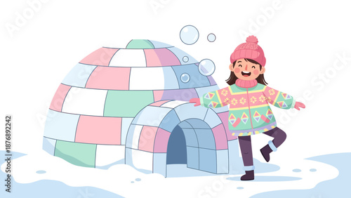 Joyful Winter Scene With Cheerful Girl And Igloo Illustration Vector