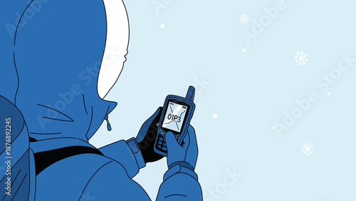Lost Outdoors Using Gps Locator In Winter Cold Expedition Cartoonish Style