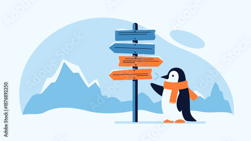 Lost Penguin With Scarf Seeking Directions In The Cold Winter Landscape