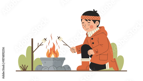 Joyful Youngster Roasting Marshmallows Beside Cozy Campfire During Fall Season