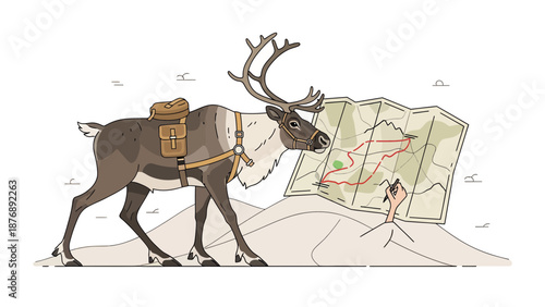 Lost Reindeer Plotting Course On Map Through Cold Snowy Wilderness Cartoon