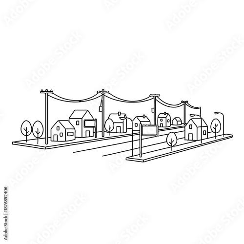 sketch of the city, Minimalist Suburban Street Line Art Illustration with Houses and Power Lines