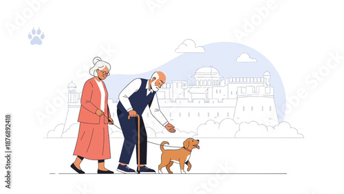 Lovely Elderly Couple Taking Their Dog For A Walk In The City Landscape
