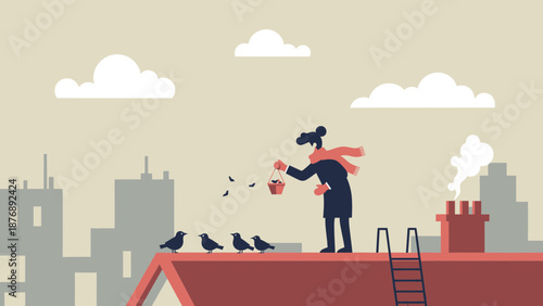 Kindness In The City: A Woman Feeds Birds On The Rooftop In Winter