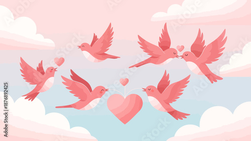 Lovely Pink Birds Soaring With Hearts In The Sky For Valentines Celebrations