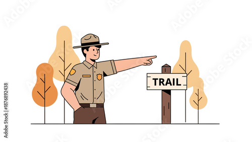 Kindly Ranger Guiding Tourists In Nature Reserve With Trail Sign Direction