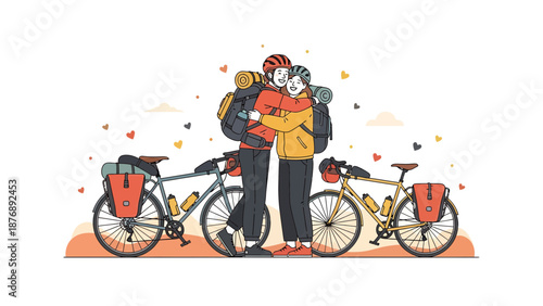 Loving Couple Embracing After a Relaxing Bicycle Trip With Their Bikes