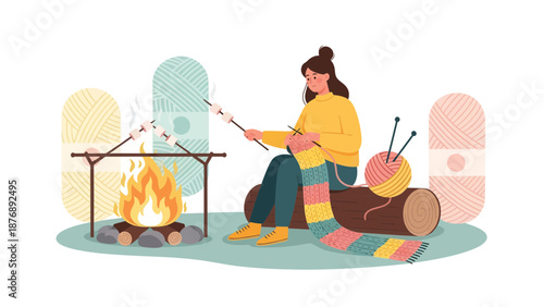 Knitting By Fire, Marshmallow Roasting In The Woods, Cozy Outdoor Activities