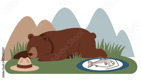 Lazy Bear In The Wild Enjoying Fresh Catch Meal Relaxing In Nature