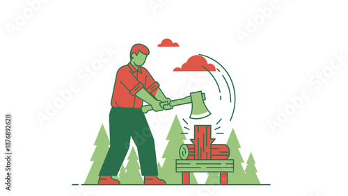 Lumberjack Chopping Wood In The Forest Minimalist Illustration Vector Art