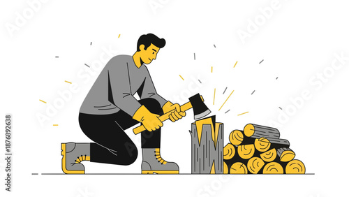 Lumberjack Chopping Wood With An Ax In Illustrated Style Isolated On White