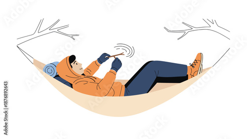 Lazy Day In Nature: Man Relaxing In A Hammock Twirling Stick