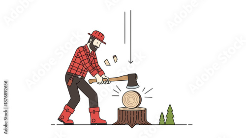 Lumberjack Cutting Wood With Axe In Forest Scene Illustration Style